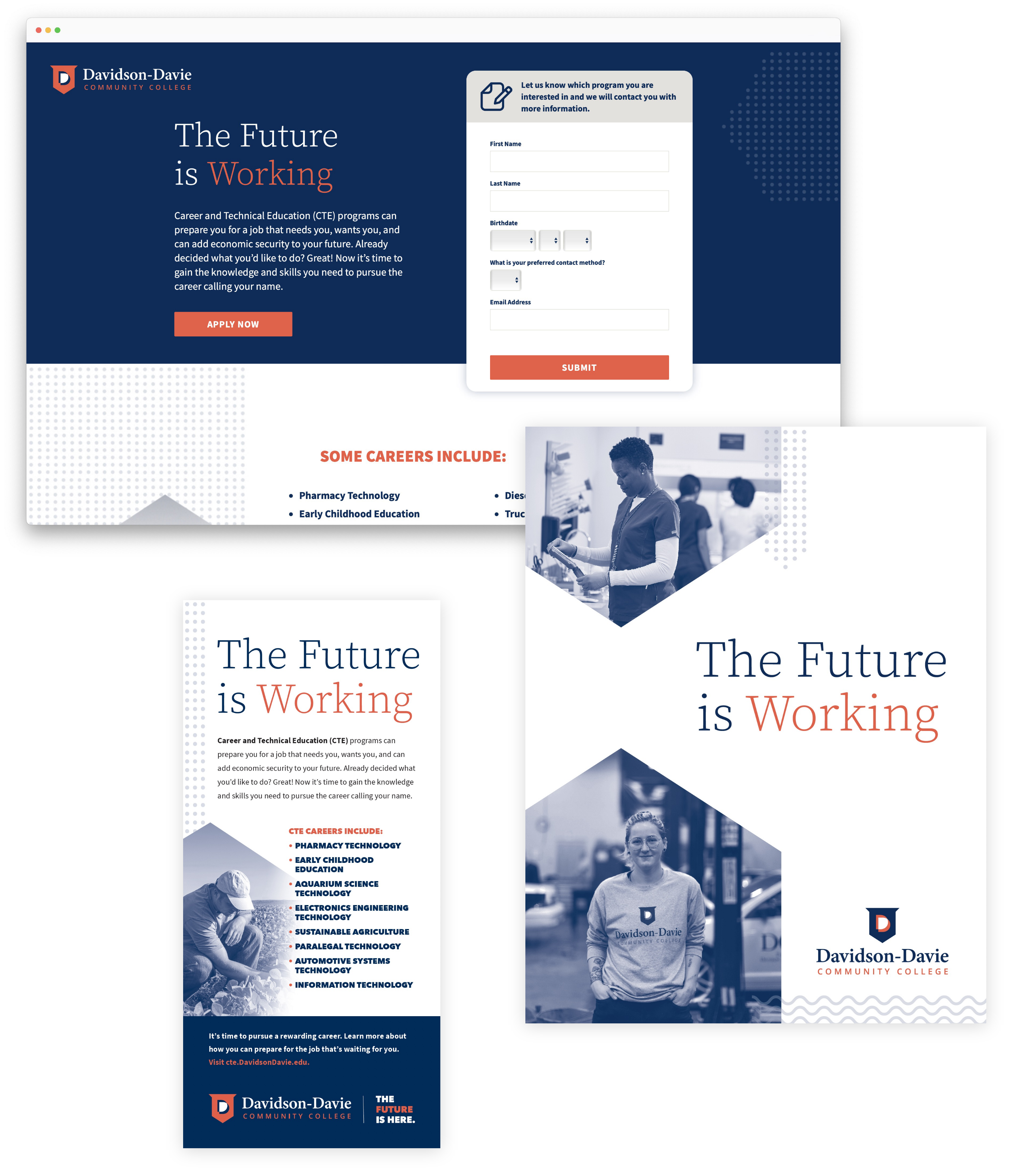 Picture of landing page, brochure cover, and rack card from "The Future is Working" campaign