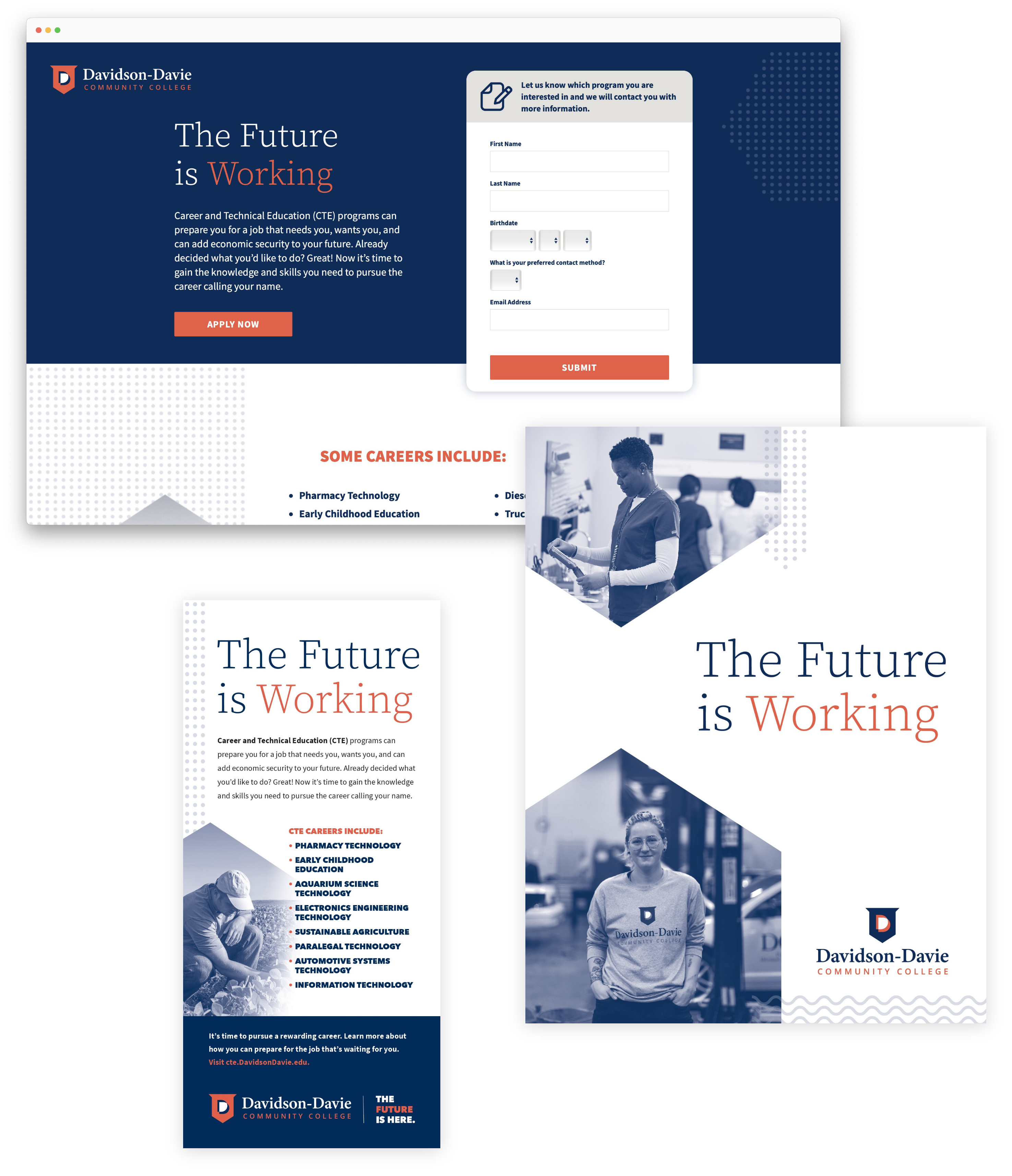 Picture of landing page, brochure cover, and rack card from "The Future is Working" campaign