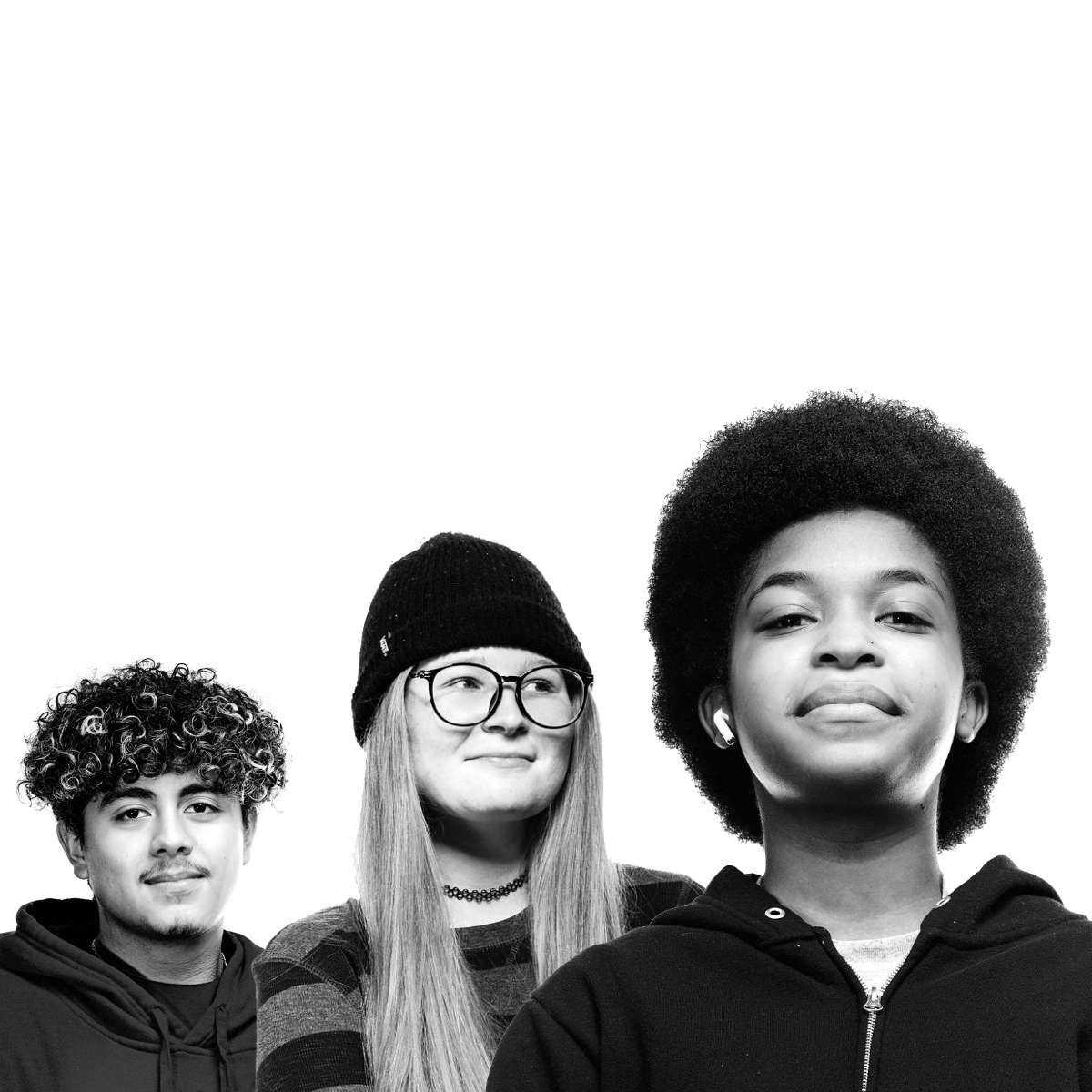 Heroic, black-and-white portrait of three students on white background.